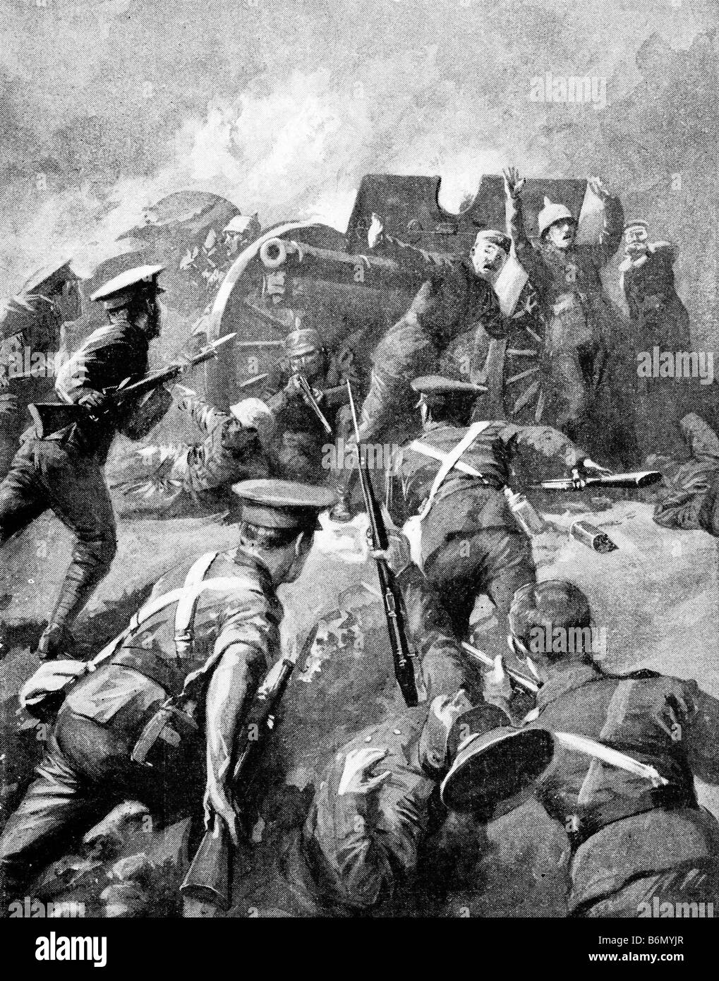 Contemporary World War One illustration of a German artillery crew surrendering in the face of a charge by Allied soldiers. Stock Photo