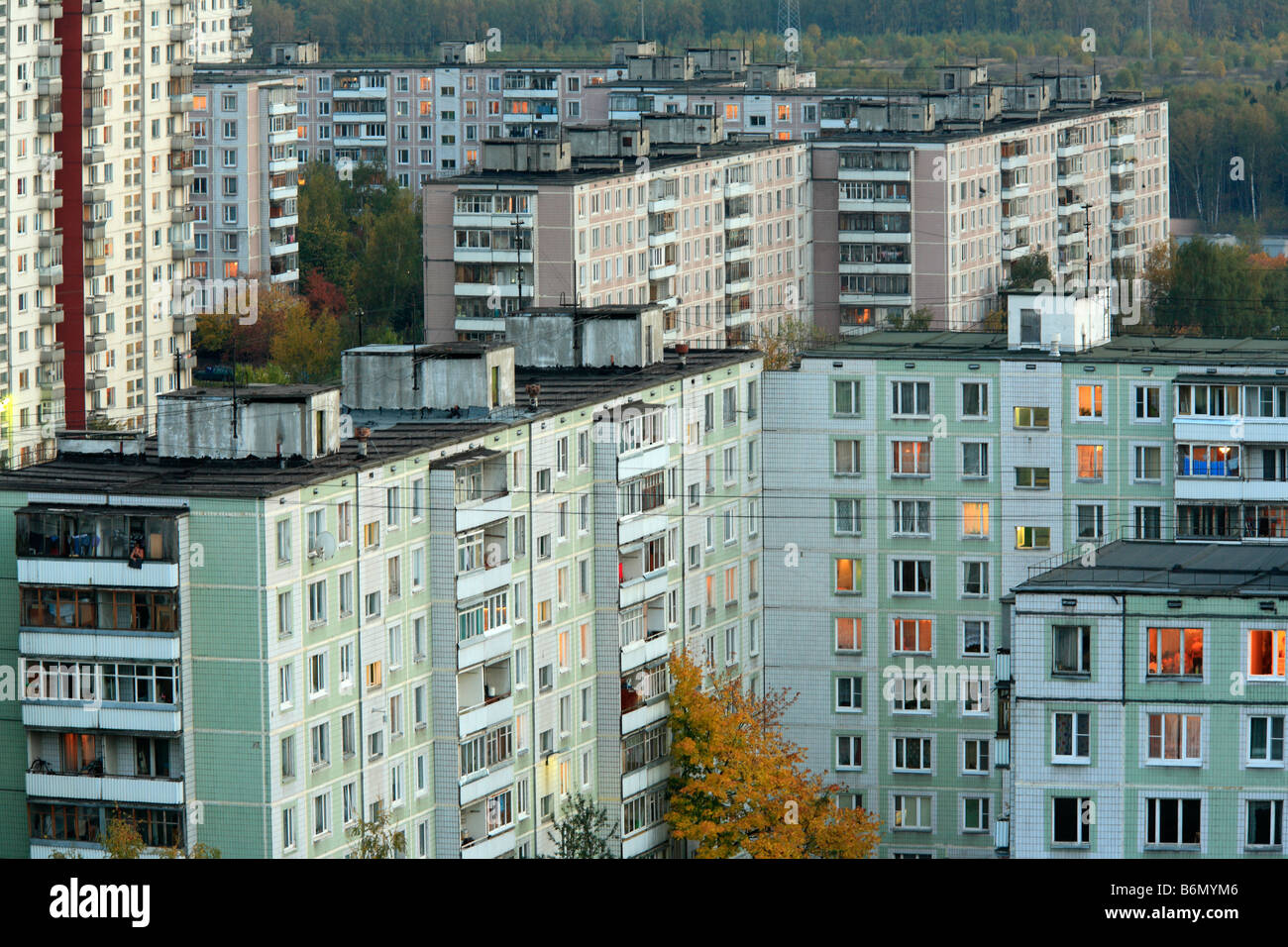 Cityscape, city, 1980s apartment buildings in the evening with lights in windows, Moscow, Russia Stock Photo