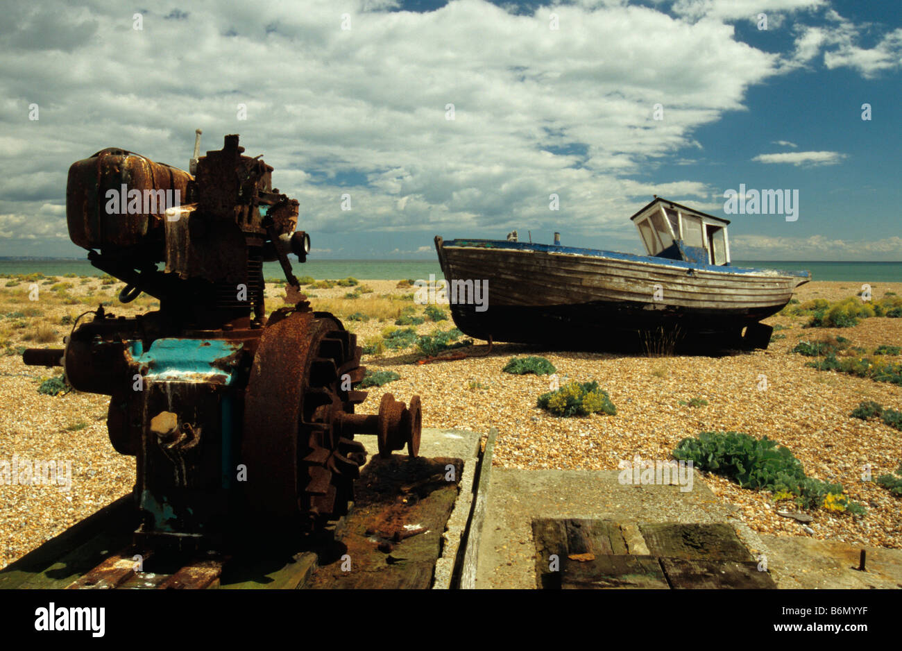 Derelict Fishing Boat and Winching Gear Dungeness Kent England UK Stock Photo