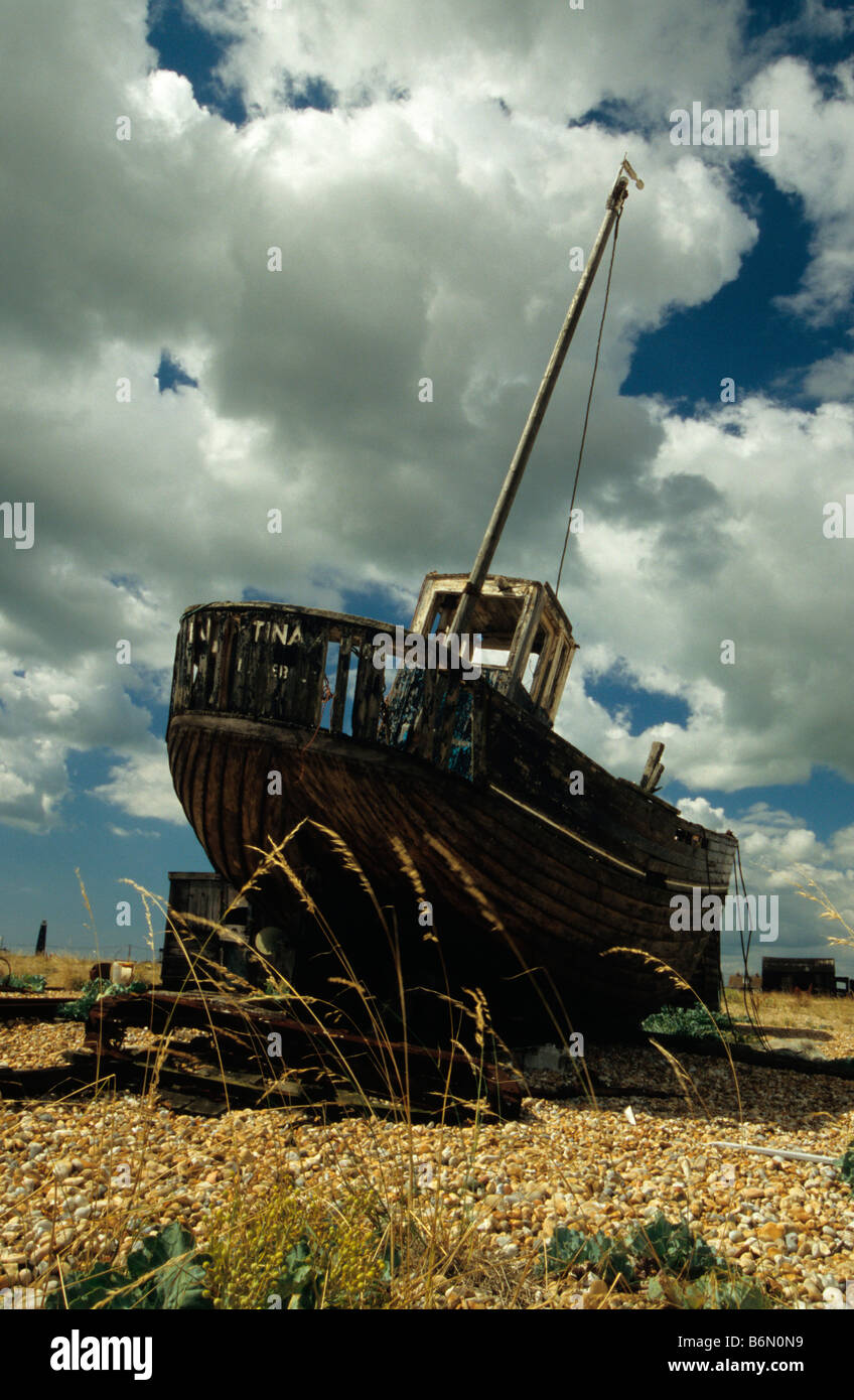 Derelict Fishing Boat on Shingle Beach Dungeness Kent England UK Stock ...