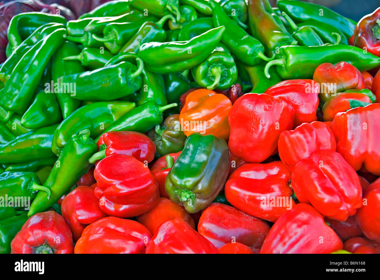 Yellow Green Red Bell pepper is a cultivar group of the species Capsicum annuum California CA Farmers Market Produce Stock Photo