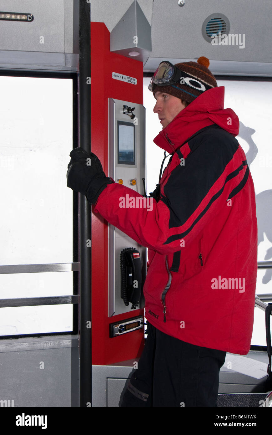 Driver at the controls, Jackson Hole Aerial Tram, Jackson Hole Mountain