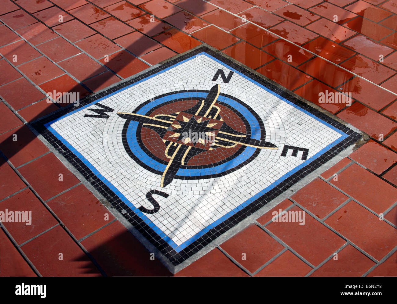 compass rose on deck of Top of the Rock observation deck, 30 Rockefeller Center, New York City USA Stock Photo