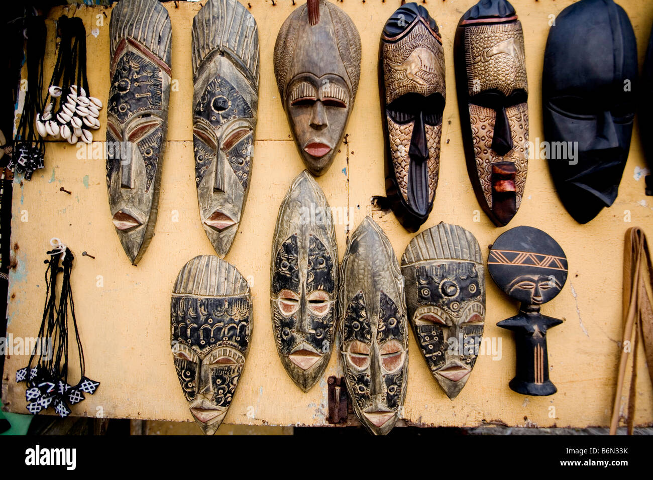 Ghana, west coast. Kokrobite Beach, masks for sale. Stock Photo