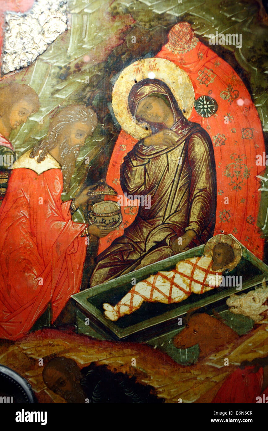 Nativity of Jesus, icon, Museum of Old Russian art, Moscow, Russia Stock Photo