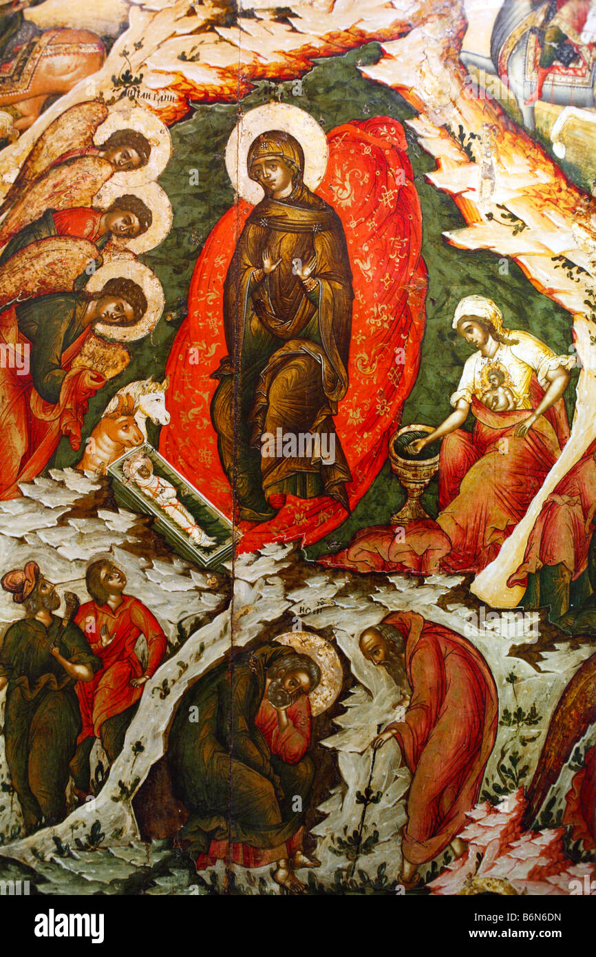 Nativity of Jesus, 17 century, Volga region icon, Museum of Old Russian art, Moscow, Russia Stock Photo