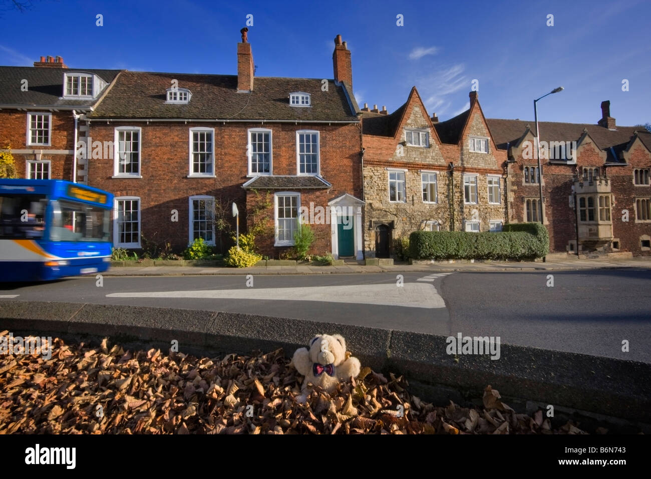 A lost teddy bear in Minster Yard waits for the bus on Pottergate in Lincoln Stock Photo
