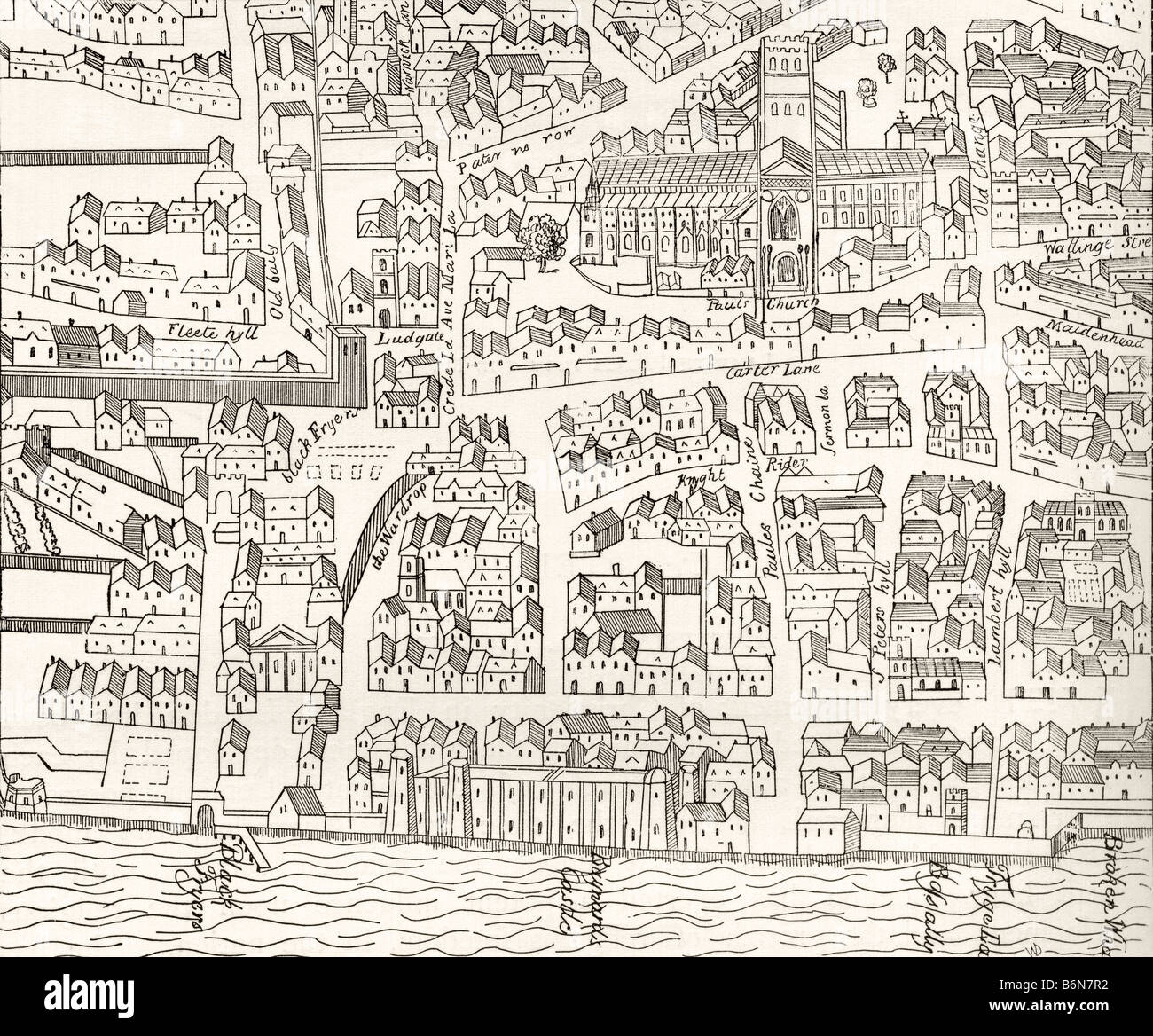 Map of London, England around St Paul's in 1563, from Ralph Agas's Map. Stock Photo