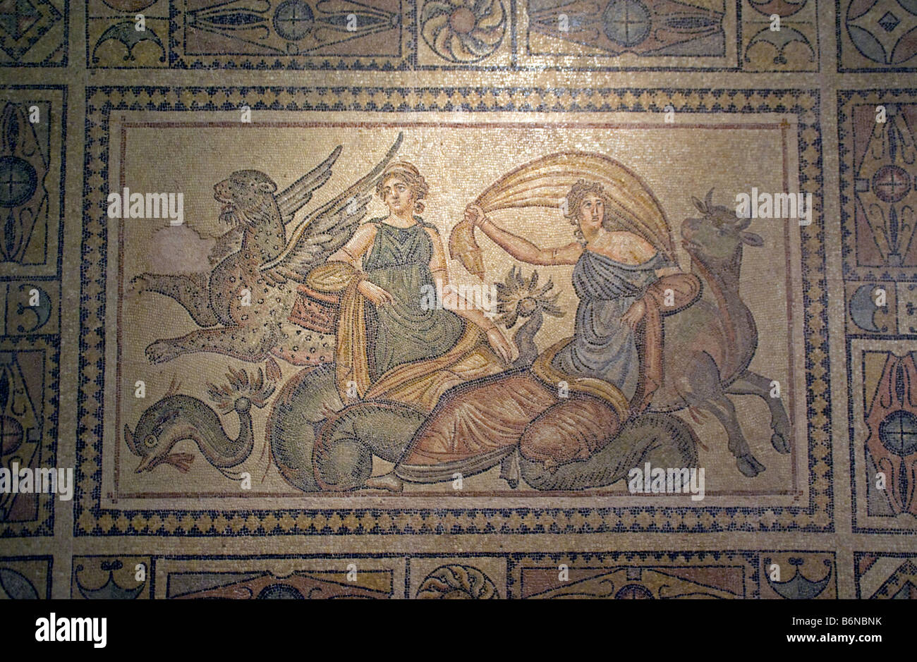 Gaziantep Museum, Roman city of Zeugma Mosaics, Kidnapping of Europa by Zeus disguised as a bull Stock Photo