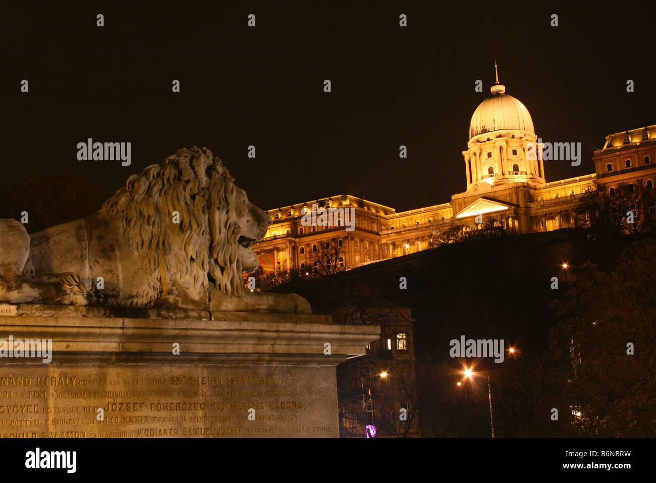 Night view of stone lion from the Széchenyi Chain bridge and Royal Palace of Buda as a background in Budapest (Hungary) Stock Photo