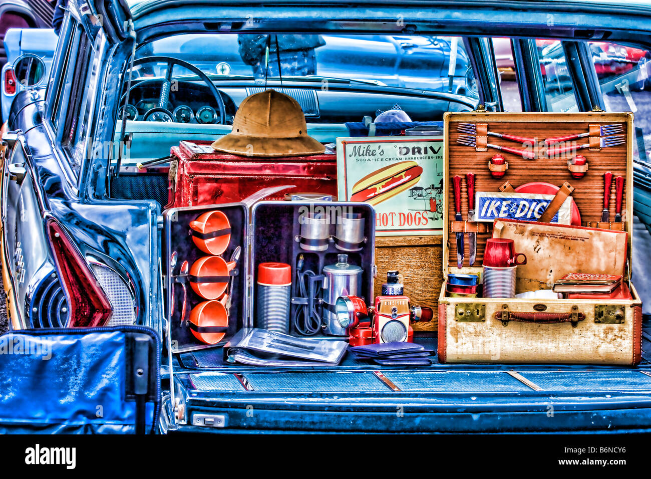 Photo illustration painterly effect of antique car showing 1950s picnic ...