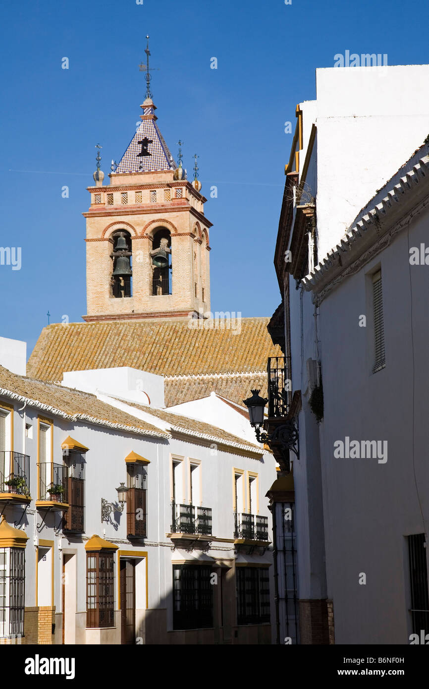 Street and Church of San Juan Marchena sevilla andalusia spain calle e iglesia de san juan marchena sevilla andalucia españa Stock Photo