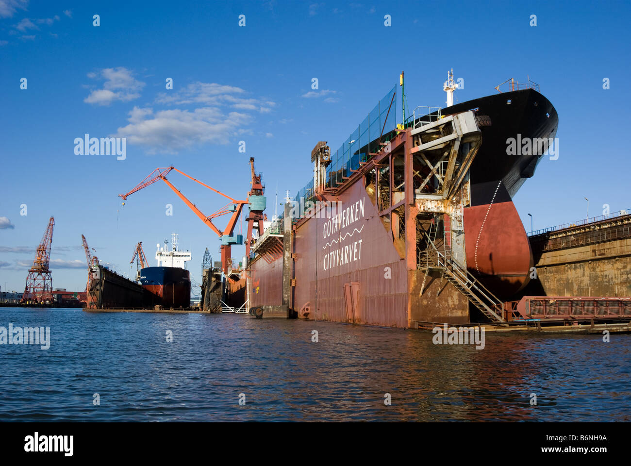 Floating dry dock and cranes in shipyard, Gothenburg, Sweden Stock