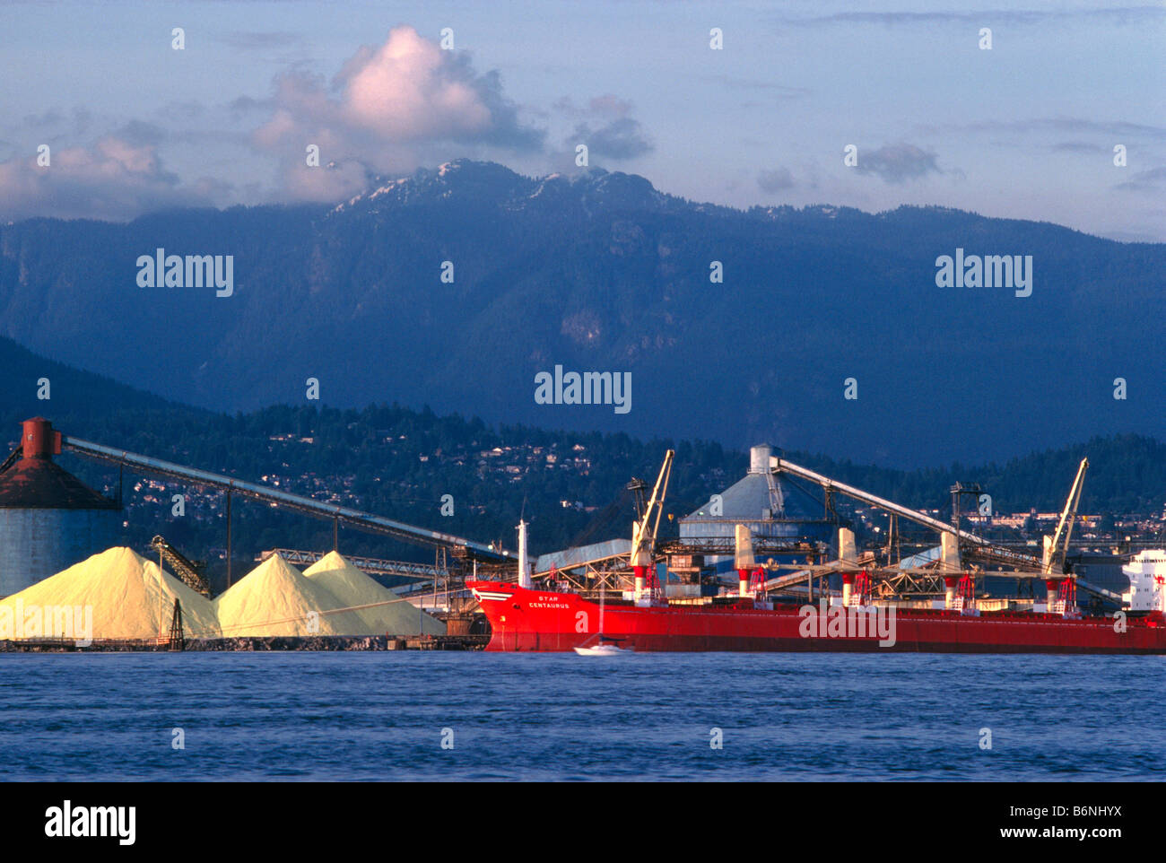 North Vancouver, Port of Vancouver Harbour, BC, British Columbia, Canada - Freighter Ship at Sulphur Shipping Terminal, Industry Stock Photo