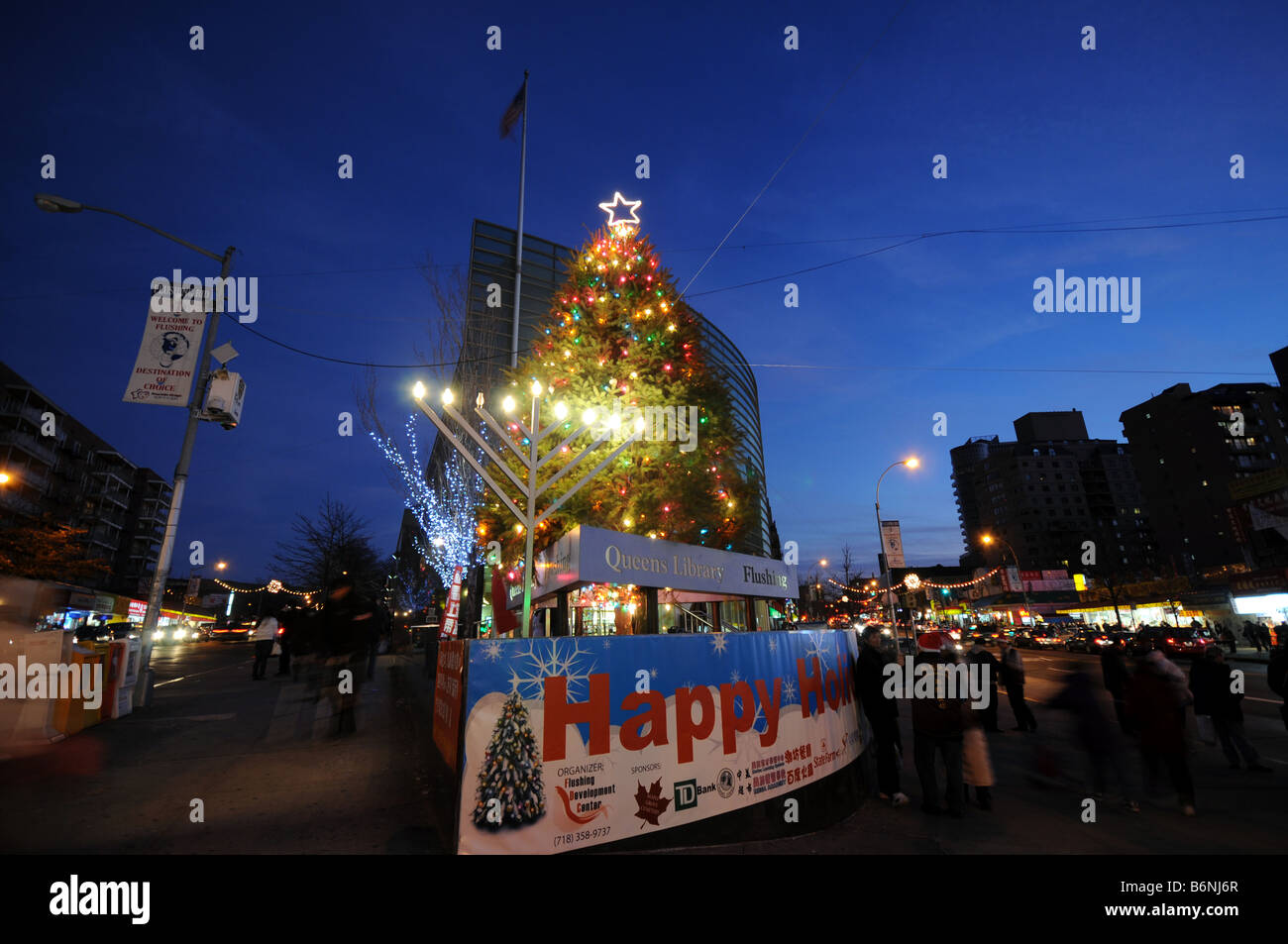 Christmas tree in Flushing, Queens during twilight Stock Photo Alamy