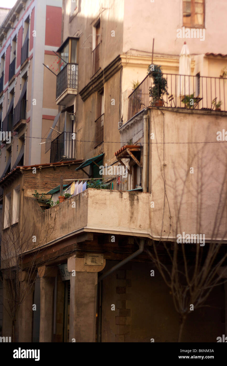 Old house in Carrer del Rec, in Barcelona's El Born district. Stock Photo