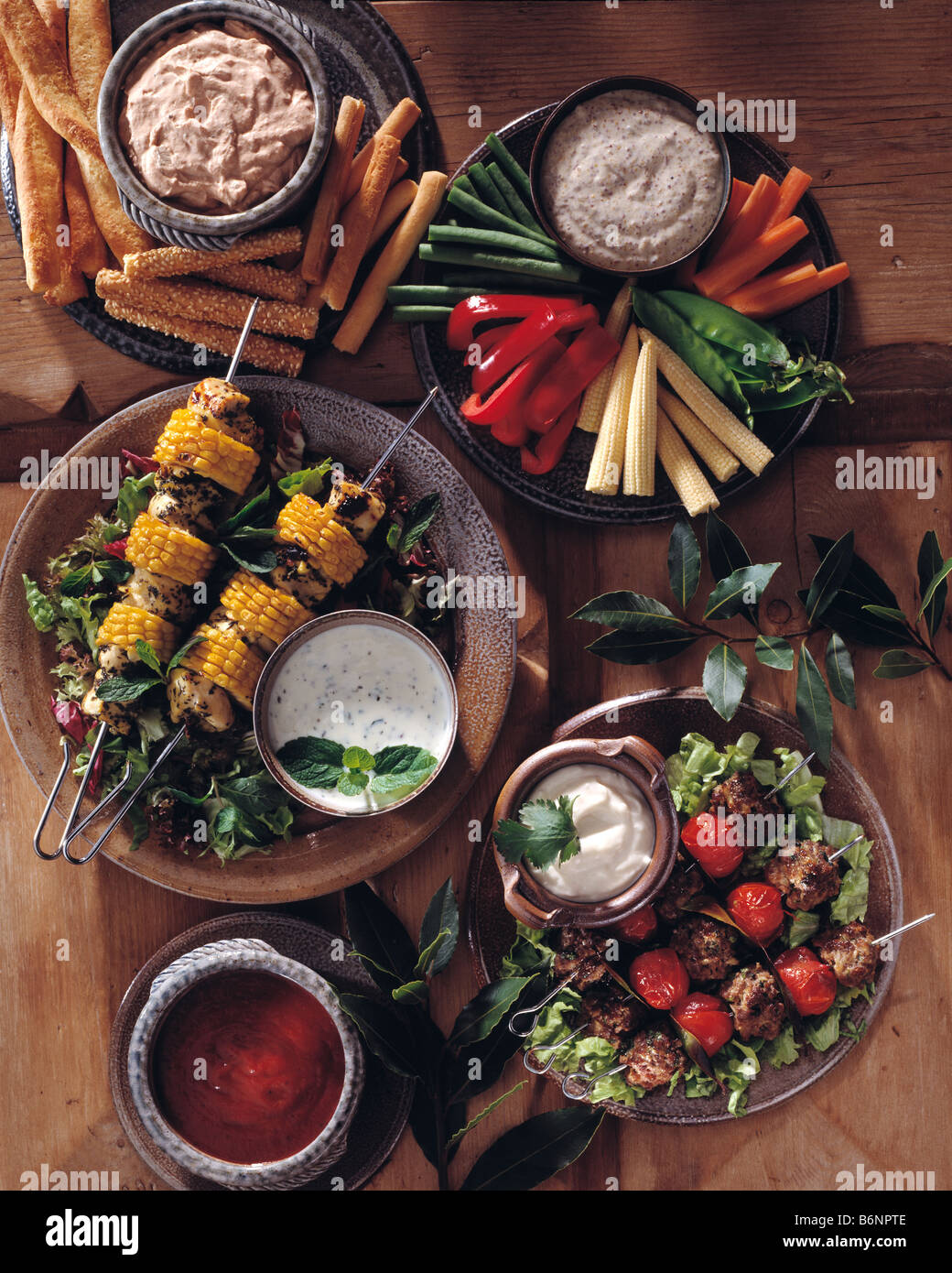 Dips with crudites and barbecued vegetables Stock Photo