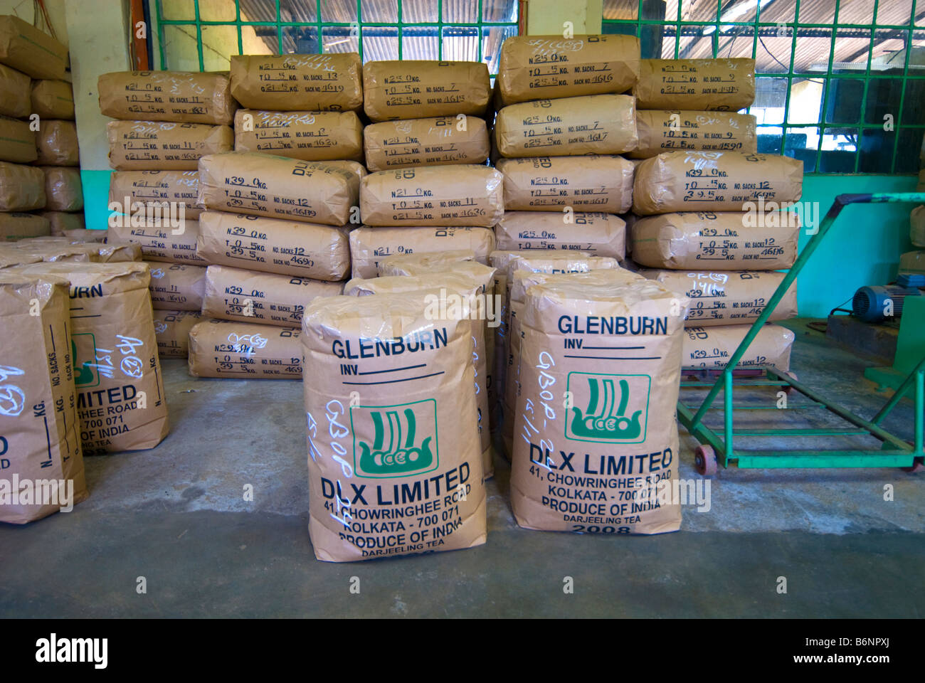 Sacks of tea in the warehouse at Glenburn Tea Estate, Darjeeling, India