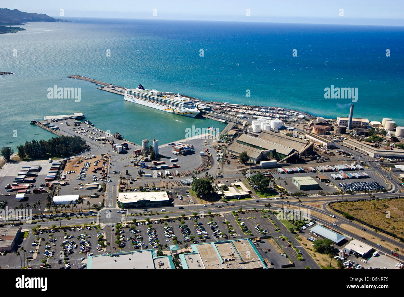 An aerial view of Norwegian Cruise Line's, The Pride of Hawaii, at the dock in Kahalui harbor, Maui, Hawaii. Stock Photo