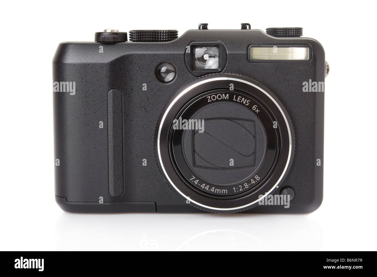front of a black digital compact camera with retracted lens Stock Photo