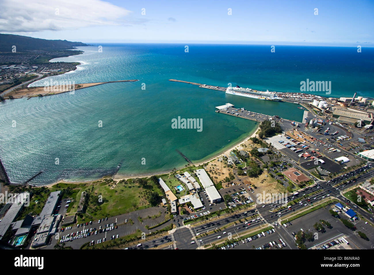 An aerial view of Norwegian Cruise Line's, The Pride of Hawaii, at the dock in Kahalui harbor, Maui, Hawaii, Stock Photo