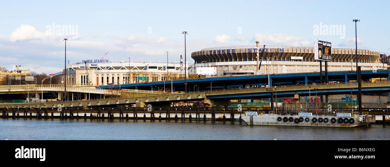 old and new 'Yankee Stadium' side by side during construction in the Bronx New York Stock Photo