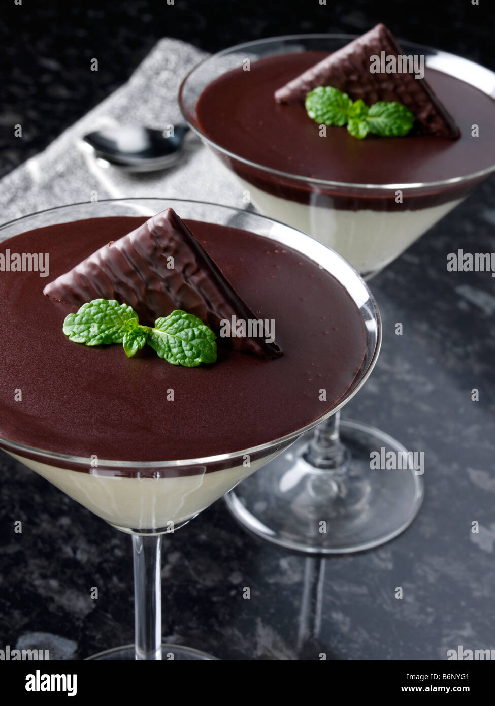 Two glasses of chocolate mint mousse dessert Stock Photo