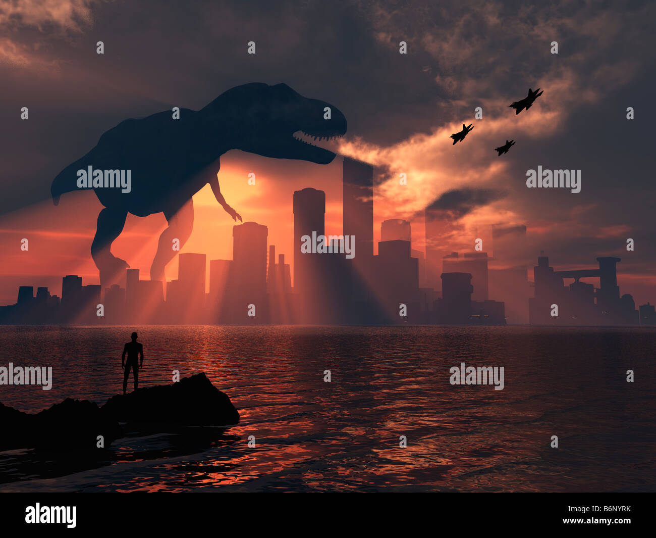 A Gigantic T Rex Dinosaur Attacking A Modern Day City Stock Photo