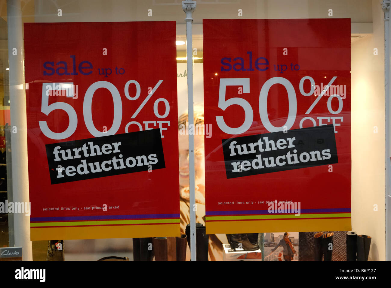 50 off signs in the window of Clarks shoe shop Aberystwyth December 2008 Stock Photo