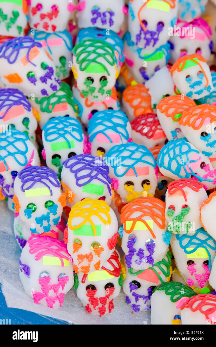 Tlacolula, Oaxaca, Mexico.   Sugar Candy Skulls ('Calaveritas') for Observance of The Day of the Dead. Stock Photo