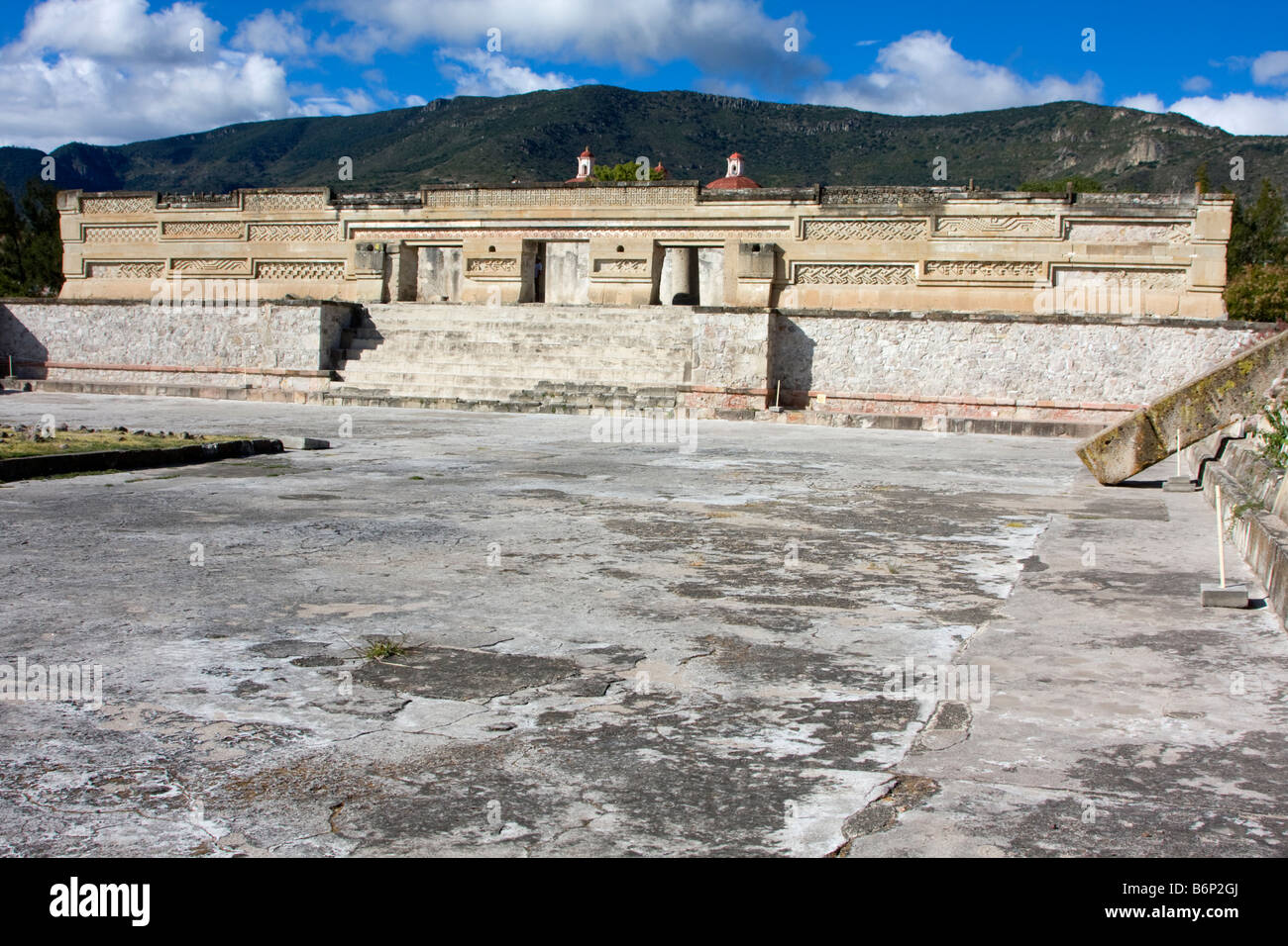 Mitla, Oaxaca, Mexico.  Zapotec Geometric Designs and Symbols Decorate the Construction of the Palace and the Courtyards. Stock Photo