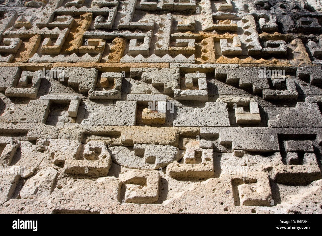 Mitla, Oaxaca, Mexico. Zapotec Geometric Designs and Symbols Decorate the Construction of the Palace and the Courtyards. Stock Photo