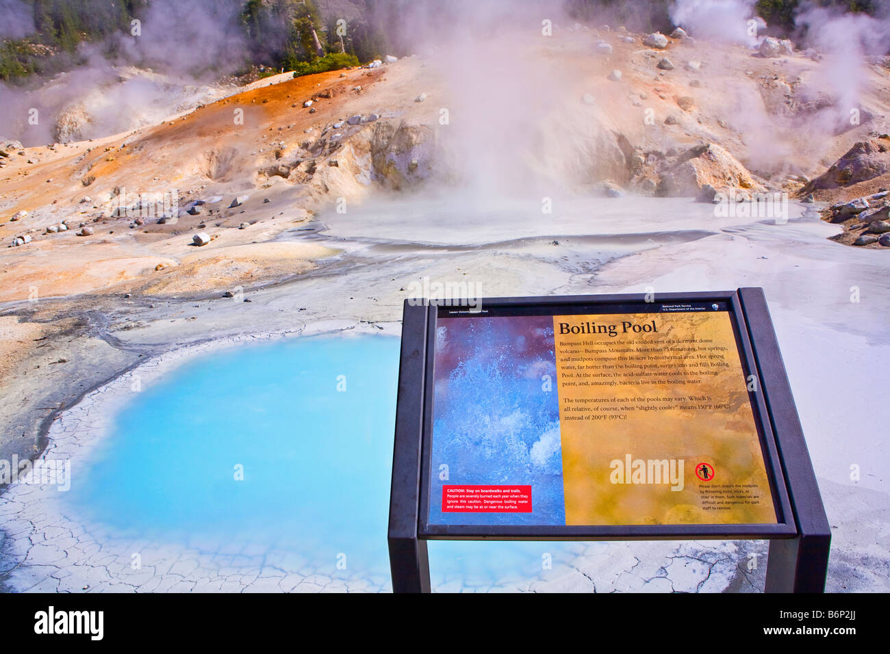 Image looking out over the steaming waters of Boiling Pool in Lassen Volcanic National Park Stock Photo