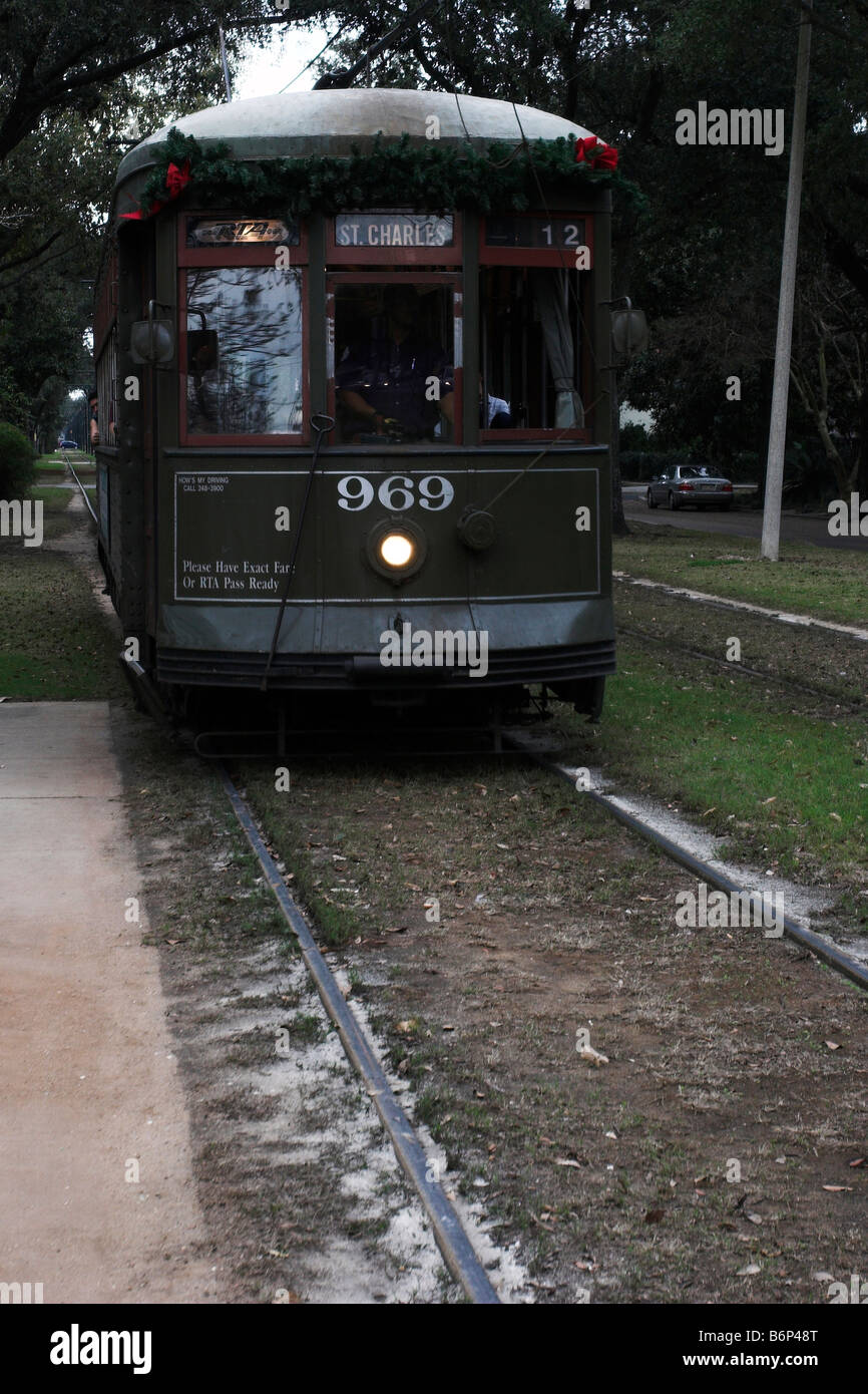 Streetcar 969 traverses between Carollton/Claiborne and St. Charles/Canal in New Orleans, Louisiana. Stock Photo