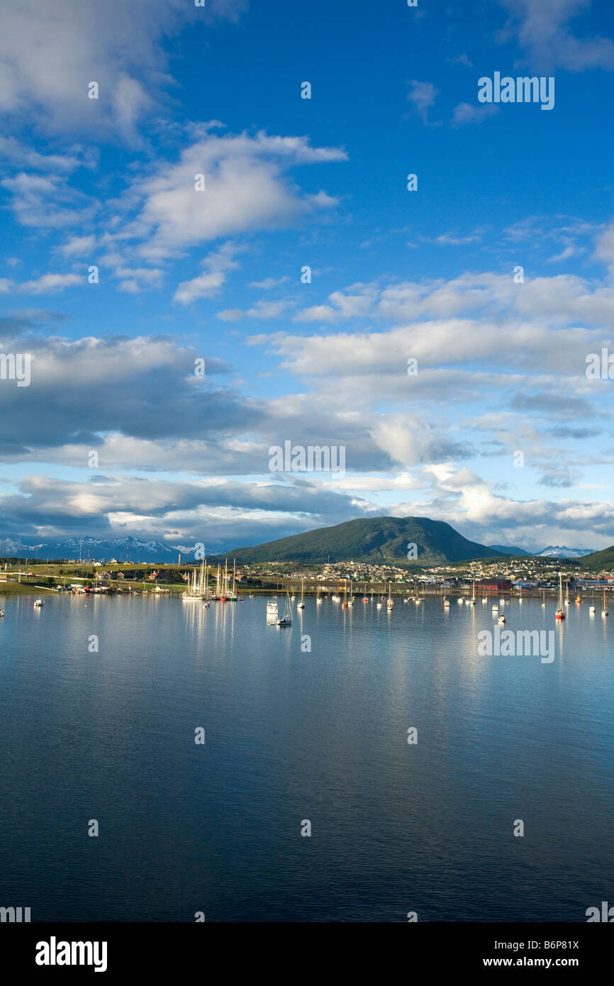 Ushuaia town and harbour in early morning light Tierra del Fuego Argentina South America Stock Photo