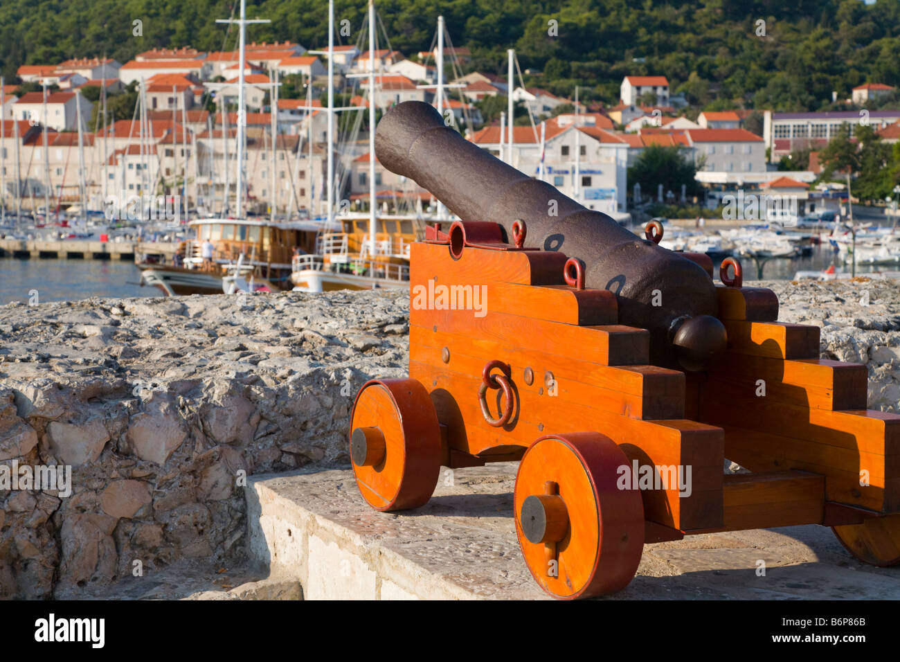 Korcula in Croatia, replica medieval cannon in old town pointing towards sea Stock Photo