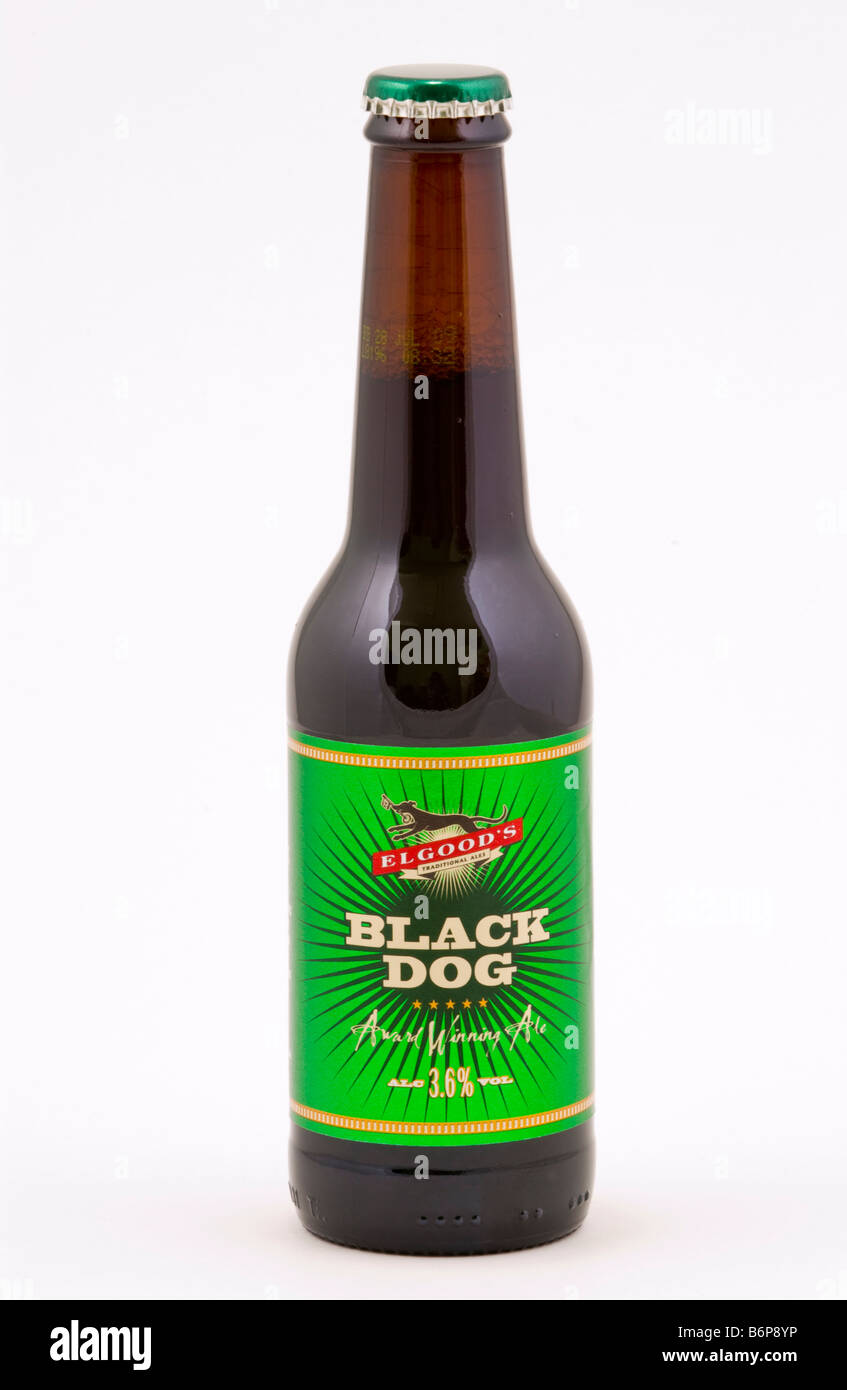 Bottle of Elgoods Black Dog ale brewed and bottled for Elgood and Sons