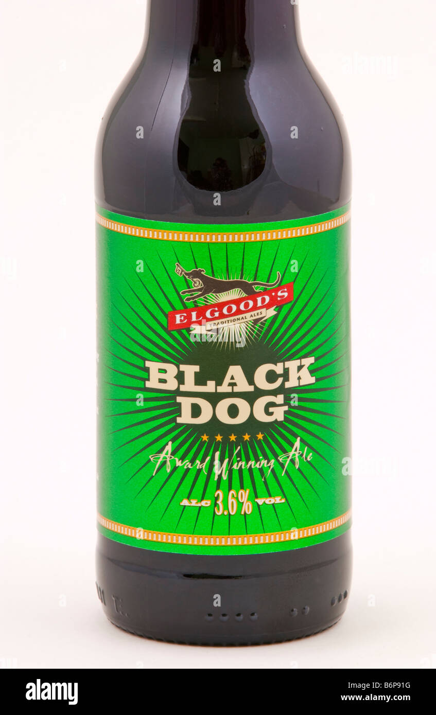 Bottle of Elgoods Black Dog ale brewed and bottled for Elgood and Sons