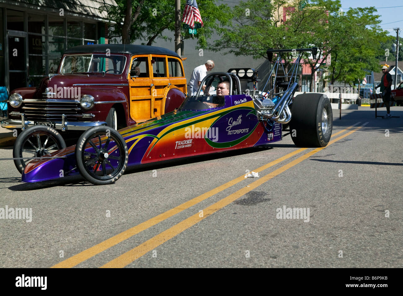 Parallel parking a top fuel dragster on Main street. Stock Photo