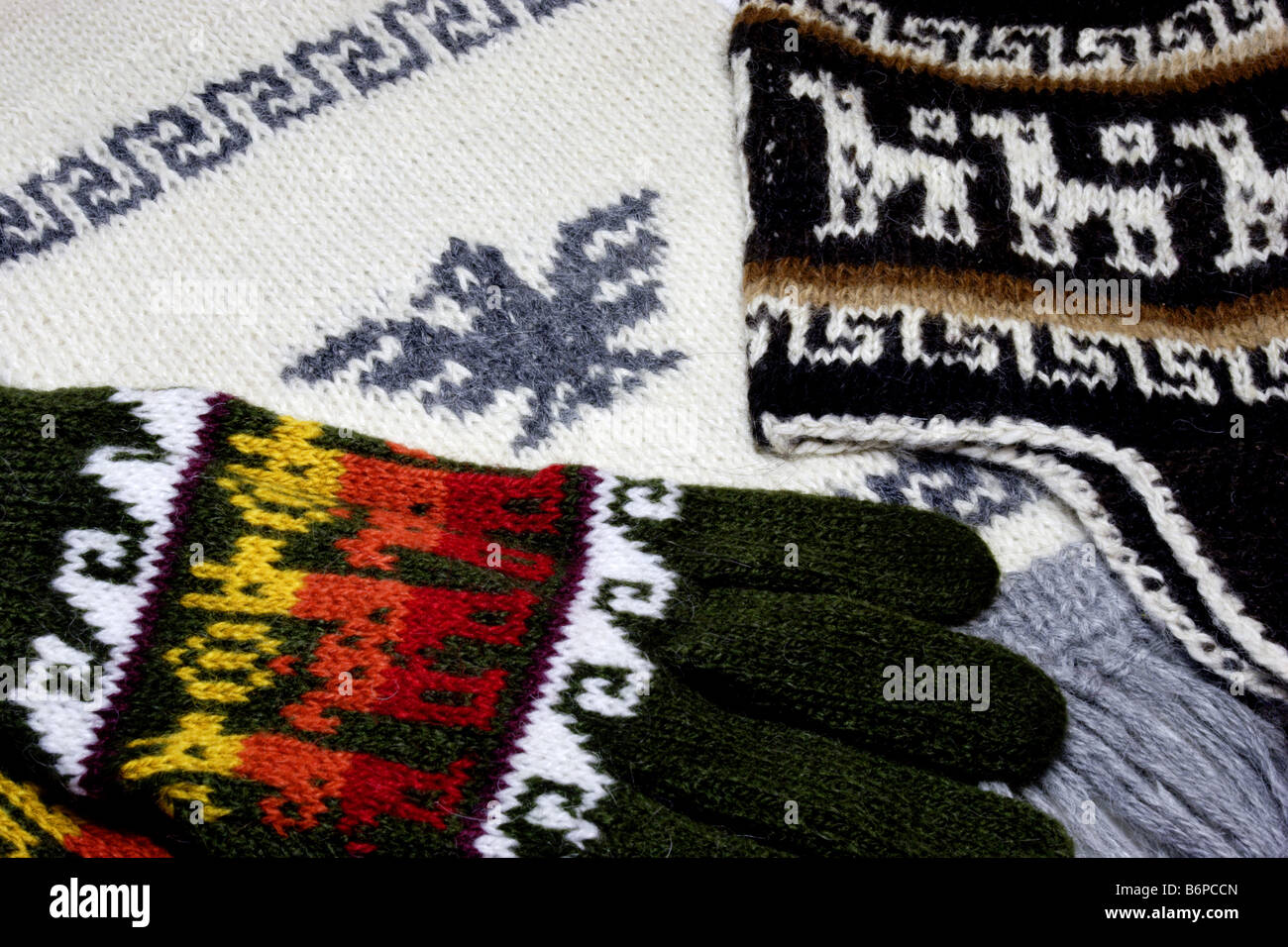 Peruvian Alpaca Wool Handicrafts - Scarf, Gloves and Hat Stock Photo