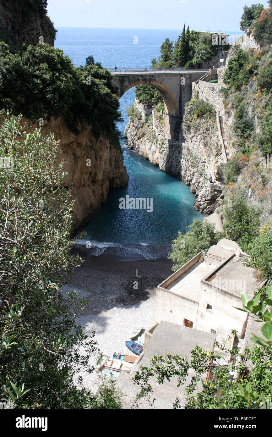 Furore and the fiord and road bridge on the Amalfi Coast Italy Stock Photo