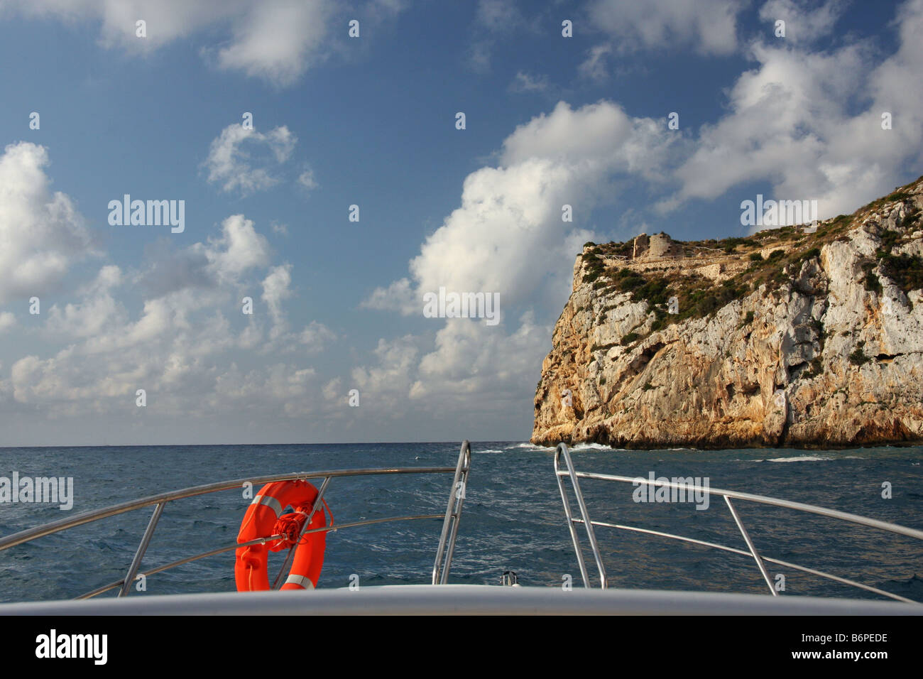 View of Morro Castel from a ship close to the Isla del Descubridor, La Granadella, Jávea, Alicante, Spain Stock Photo