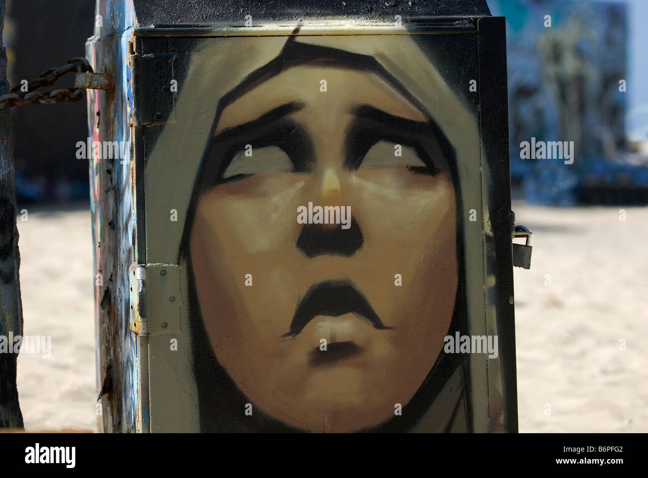Graffiti, spray paint image on trash bin,Venice Beach, Los angeles, California, USA Stock Photo