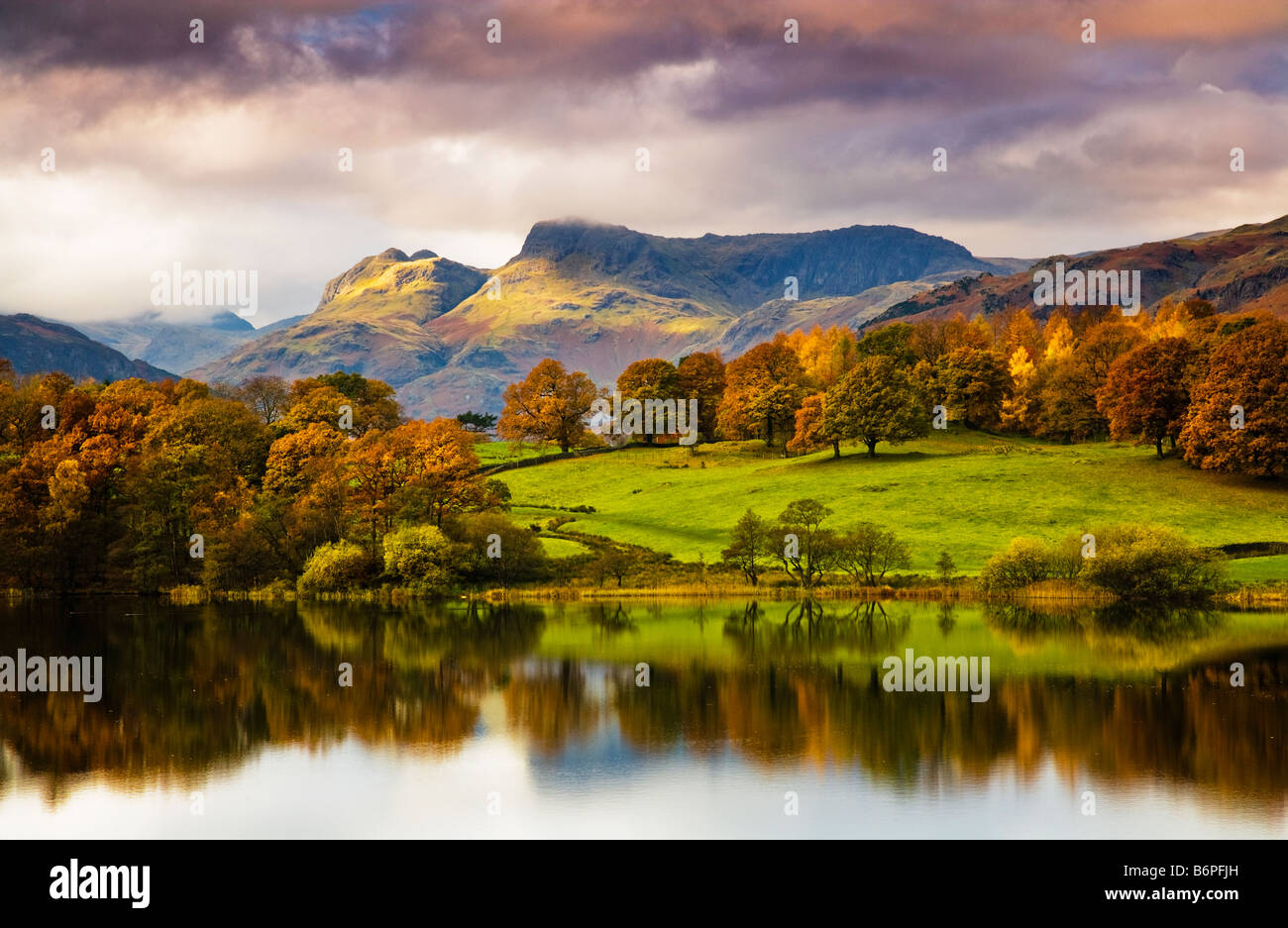 Autumn view over Loughrigg Tarn Lake District National Park Cumbria England UK with the Langdale Pikes in the distance Stock Photo