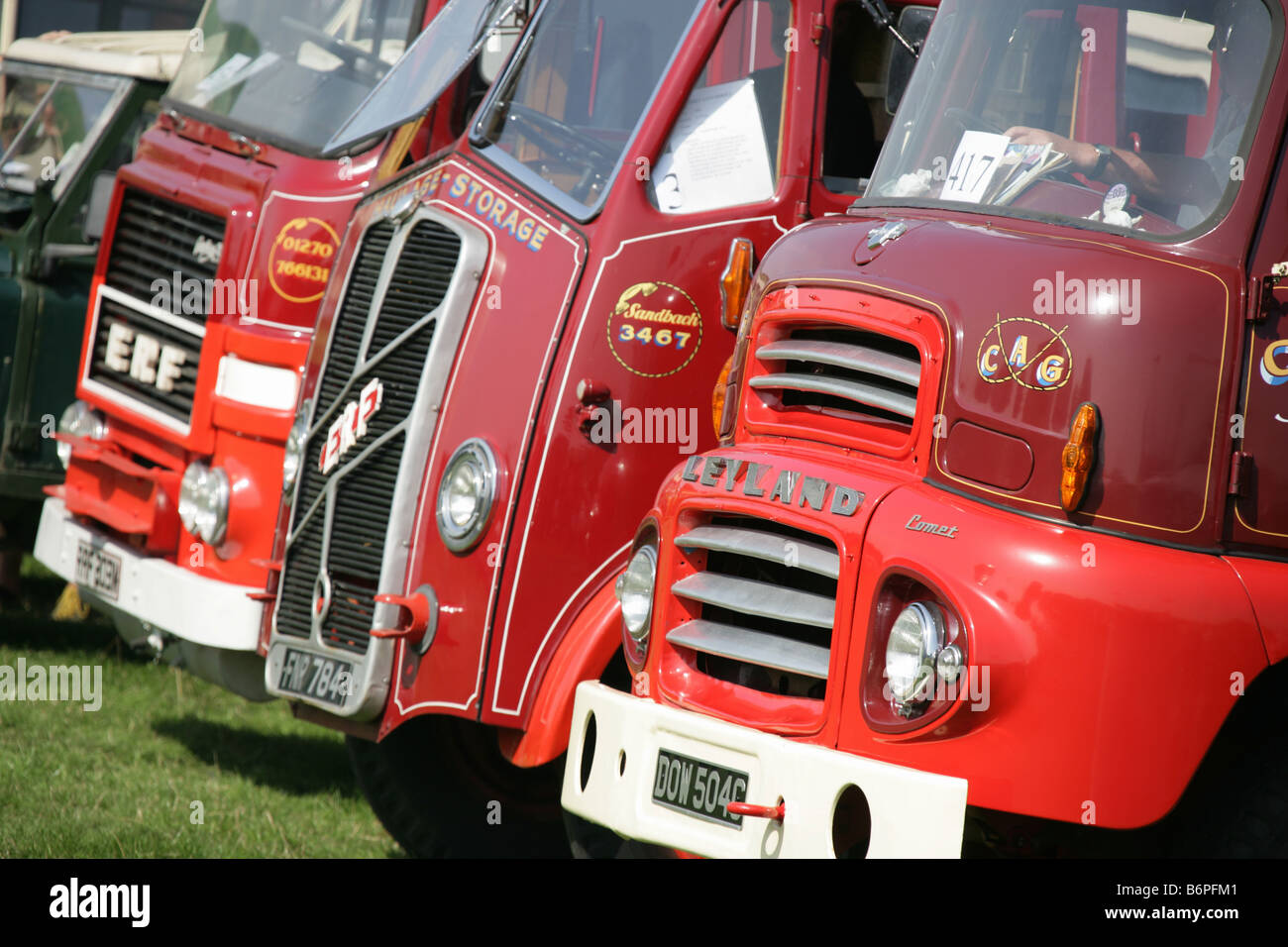 Village of Malpas, England. Close up view of the bonnet of vintage lorries at the Malpas Yesteryear Rally. Stock Photo