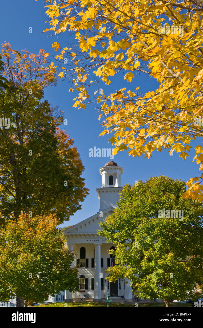 Autumn fall colours around traditional white Windham county court house Newfane Vermont USA United States of America Stock Photo