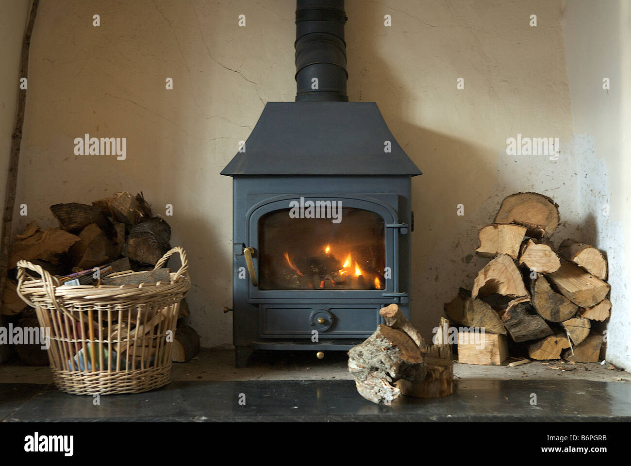 log burning stove Stock Photo