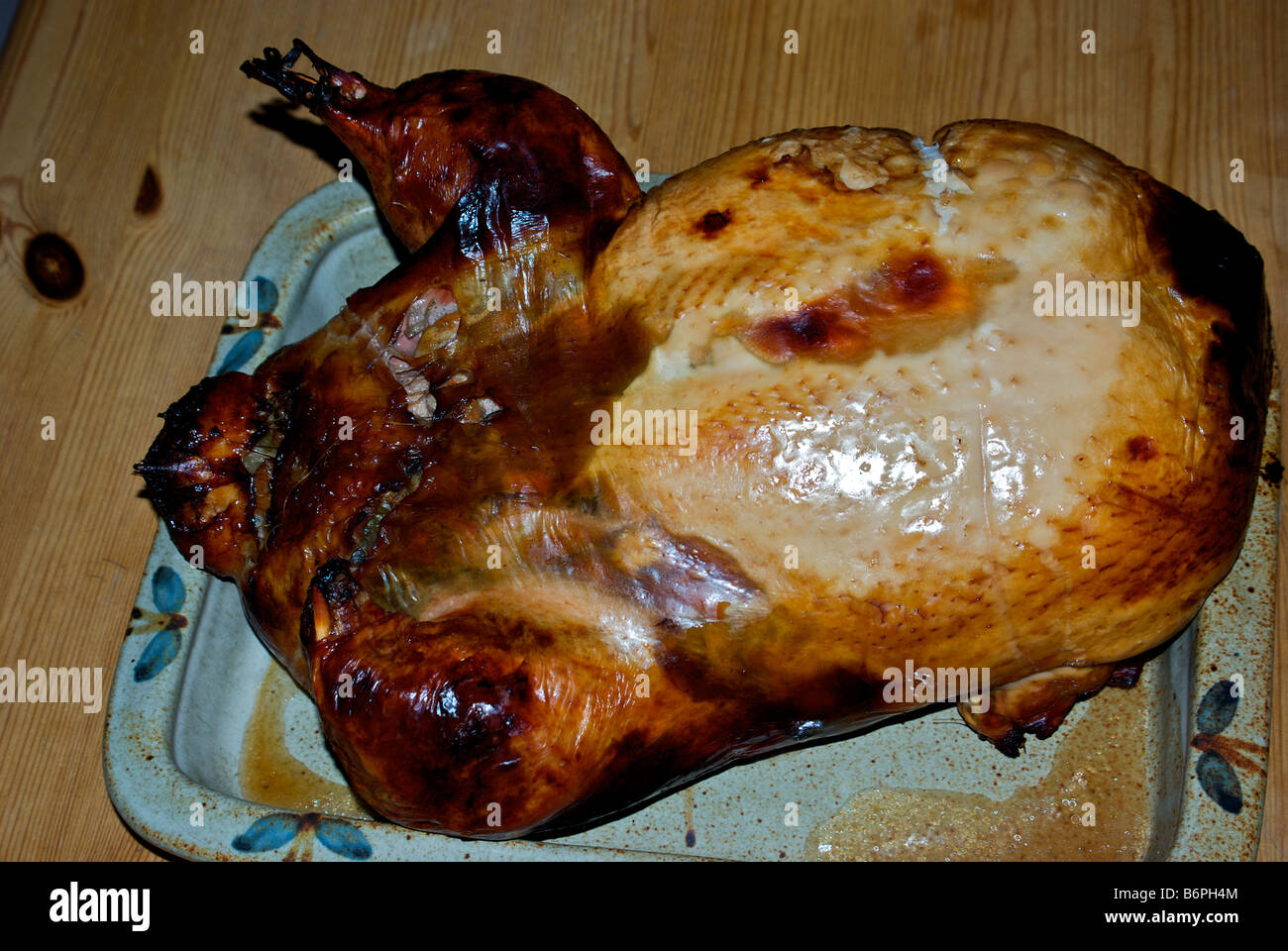 Cooked oven roasted stuffed completely boneless turkey ready for slicing and serving no carving around bones needed Stock Photo