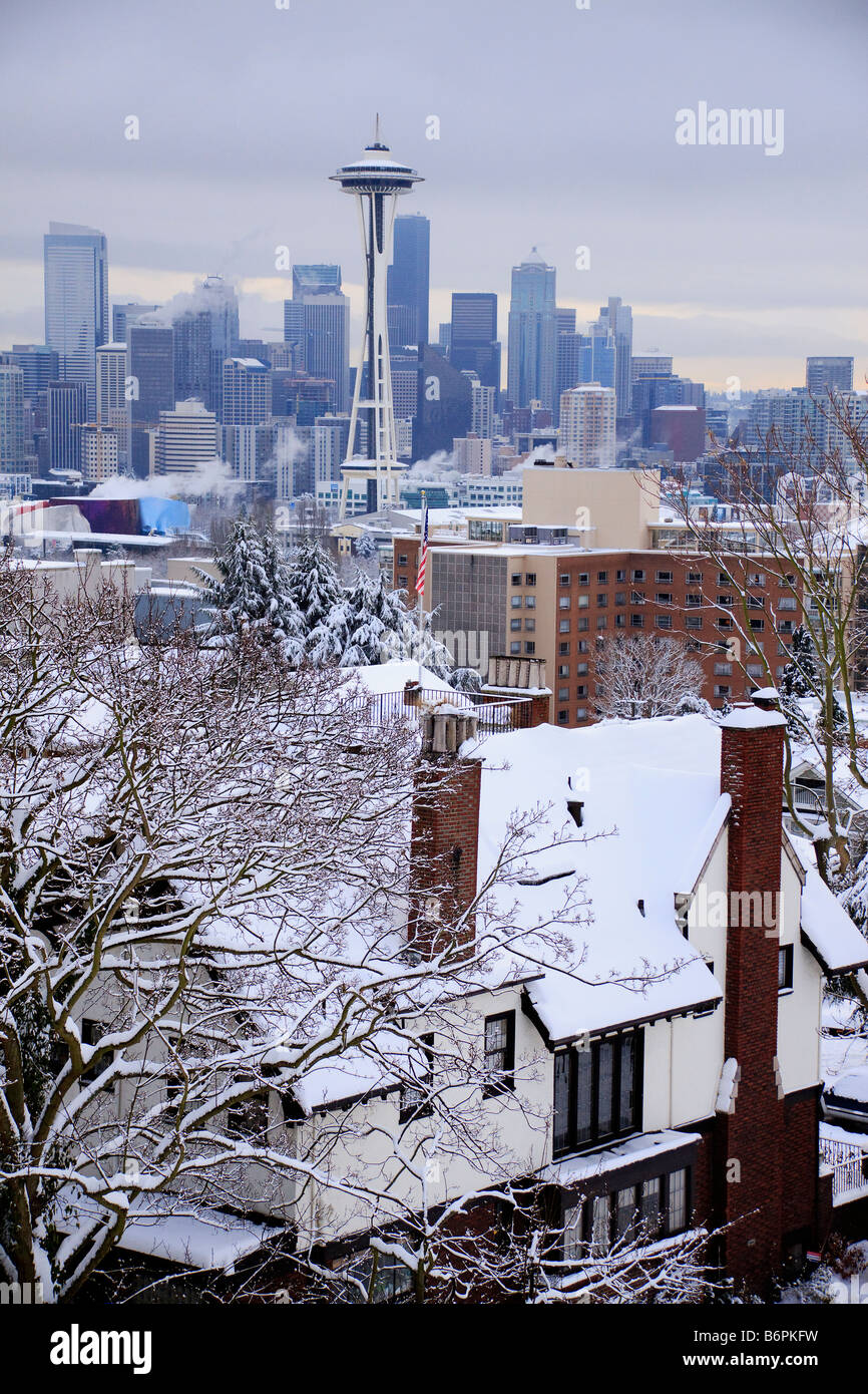 Seattle skyline view after winter snow storm from Kerry Park on Queen