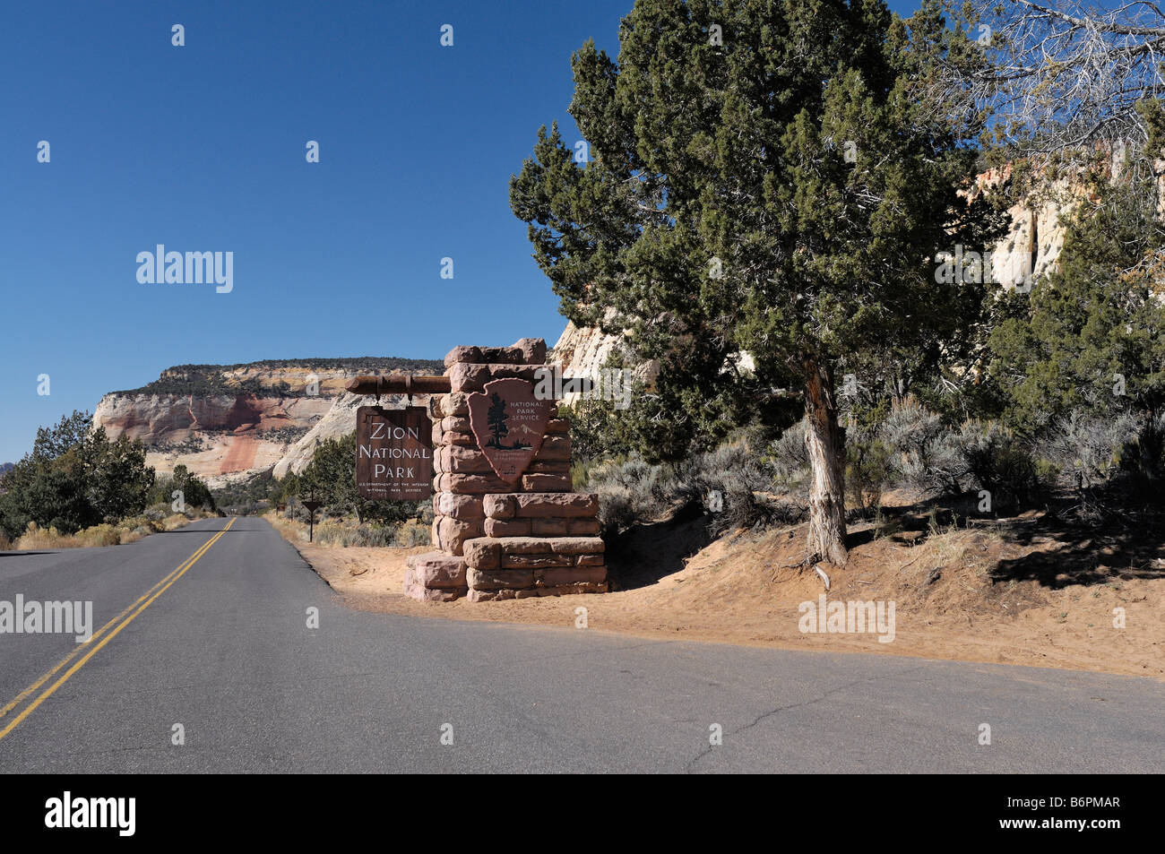 Entrance sign to Zion National Park along Highway 9 in Utah Stock Photo